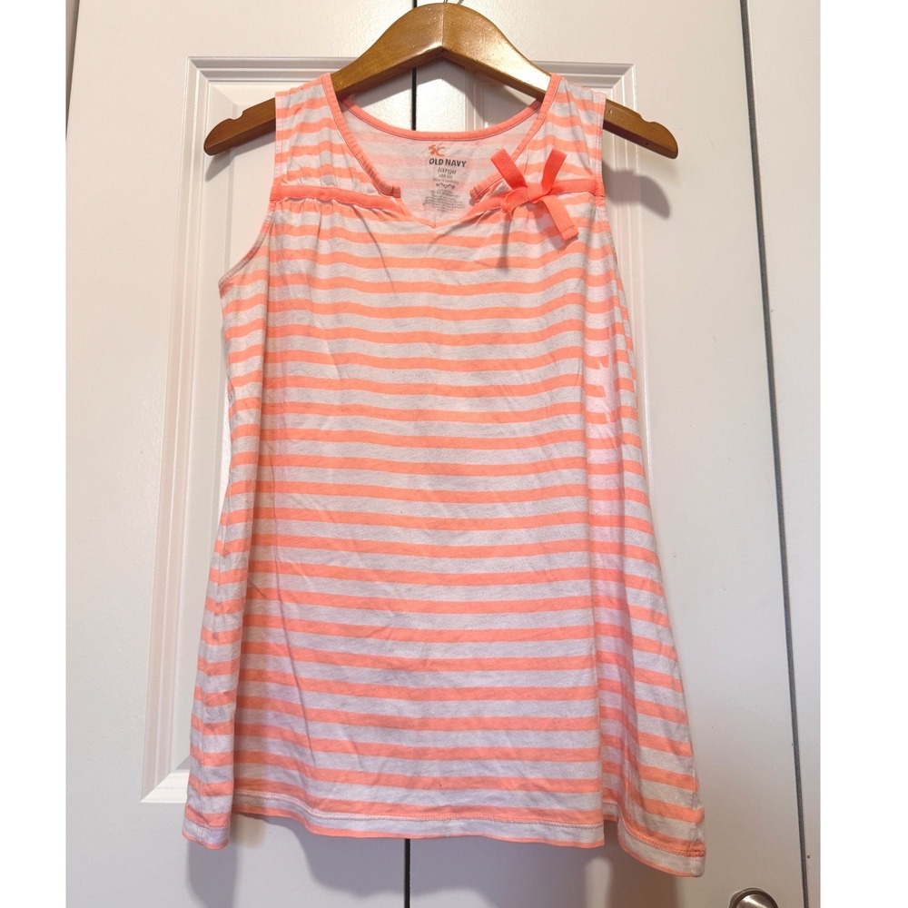 Old Navy Girls Large 10-12 Striped Tank Top Coral White Bow Accent Cotton 100%